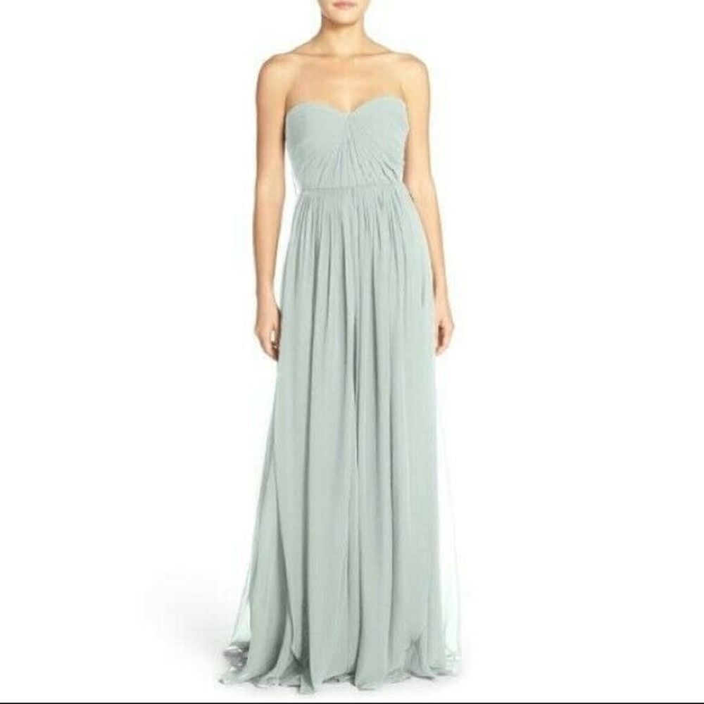 Jenny Yoo Strapless Pleated maxi Dress gown in Sage green size 14